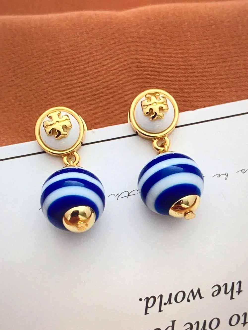 Tory Burch Blue & White Striped Drop Earrings with Gold Accents